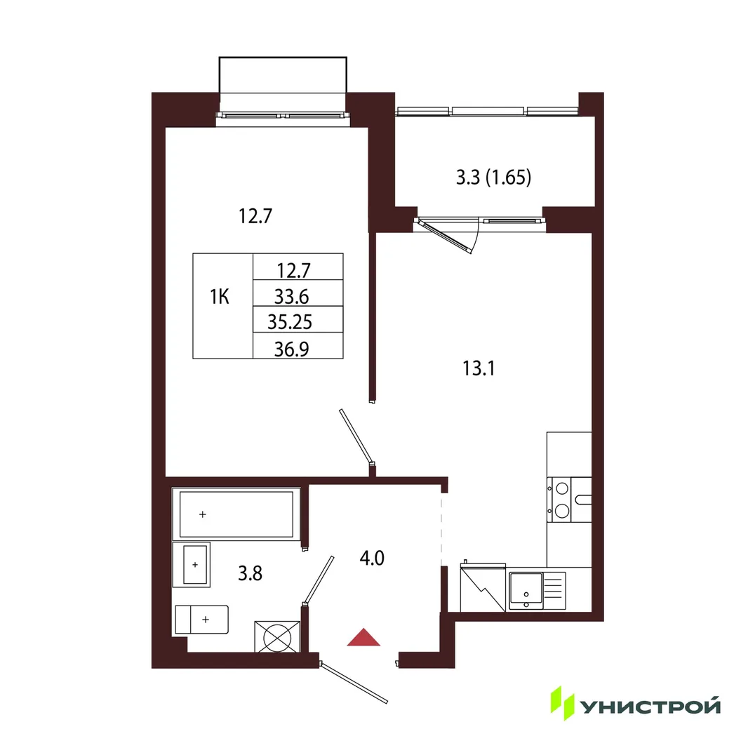 Планировка 1-комн. квартира, 35.25 м² ЖК «Лисино»