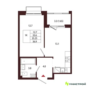 Планировка 1-комн. квартира, 35.25 м² ЖК «Лисино»