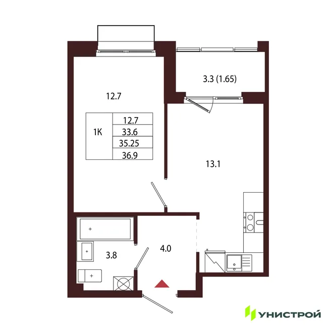 Планировка 1-комн. квартира, 35.25 м² ЖК «Лисино»