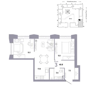 Планировка 3-комн. квартира, 48.8 м² ЖК «Страна.Заречная»