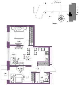 Планировка 3-комн. квартира, 53.96 м² ЖК «Авторский»