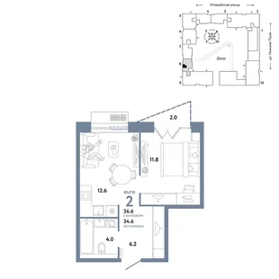 Планировка 2-комн. квартира, 36.6 м² ЖК «Страна.Заречная»