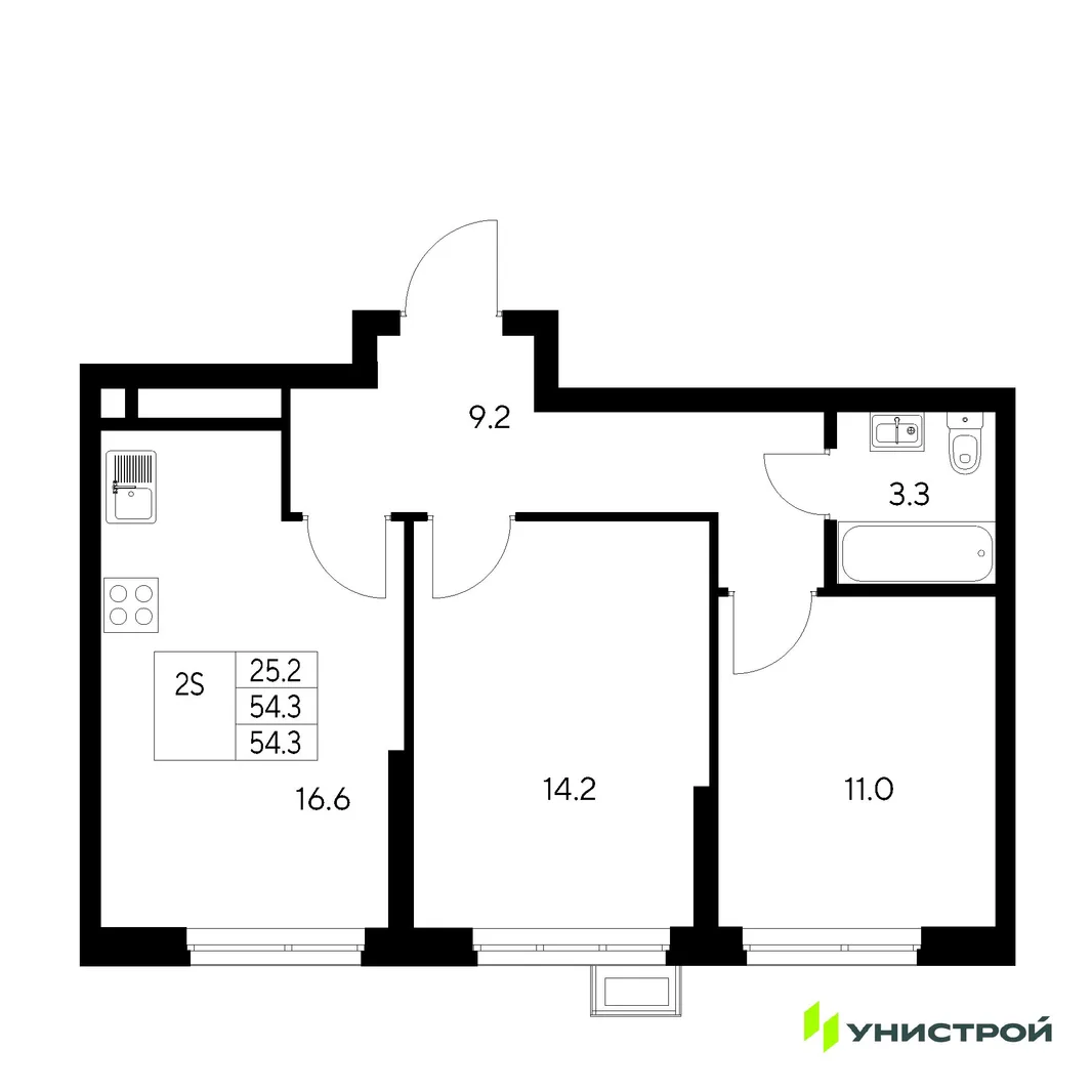 Планировка 2-комн. квартира, 54.3 м² ЖК «Стадиум»