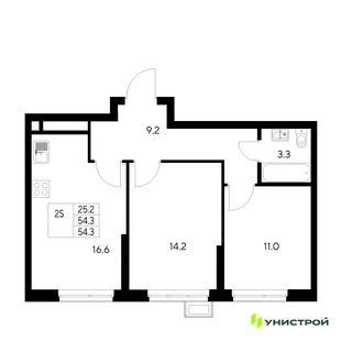 Планировка 2-комн. квартира, 54.3 м² ЖК «Стадиум»