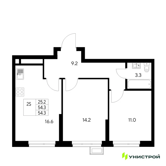 Планировка 2-комн. квартира, 54.3 м² ЖК «Стадиум» Планировка 2-комн. квартира, 54.3 м² ЖК «Стадиум»