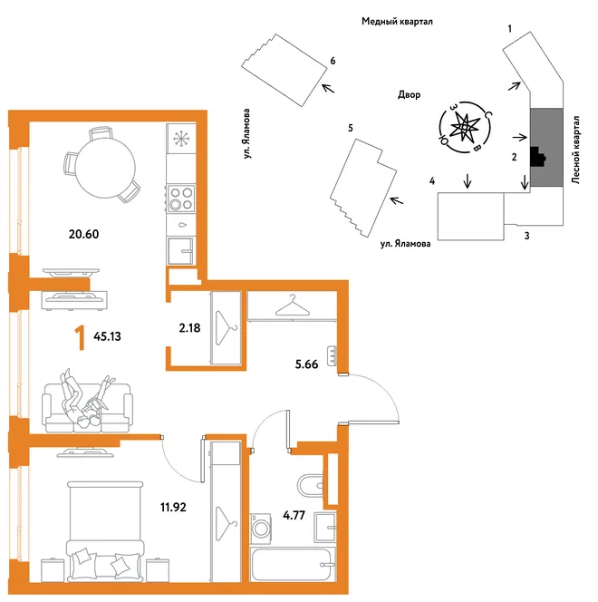 Планировка 1-комн. квартира, 45.13 м² ЖК «Сибирский сад» Планировка 1-комн. квартира, 45.13 м² ЖК «Сибирский сад»