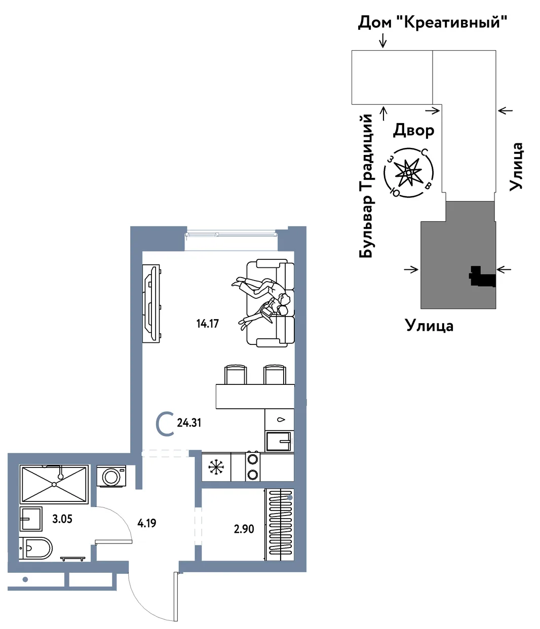Планировка Студия, 24.31 м² ЖК «Микрорайон Домашний»