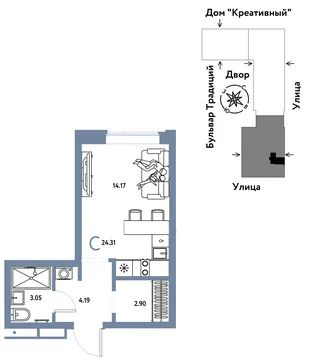 Планировка Студия, 24.31 м² ЖК «Микрорайон Домашний»