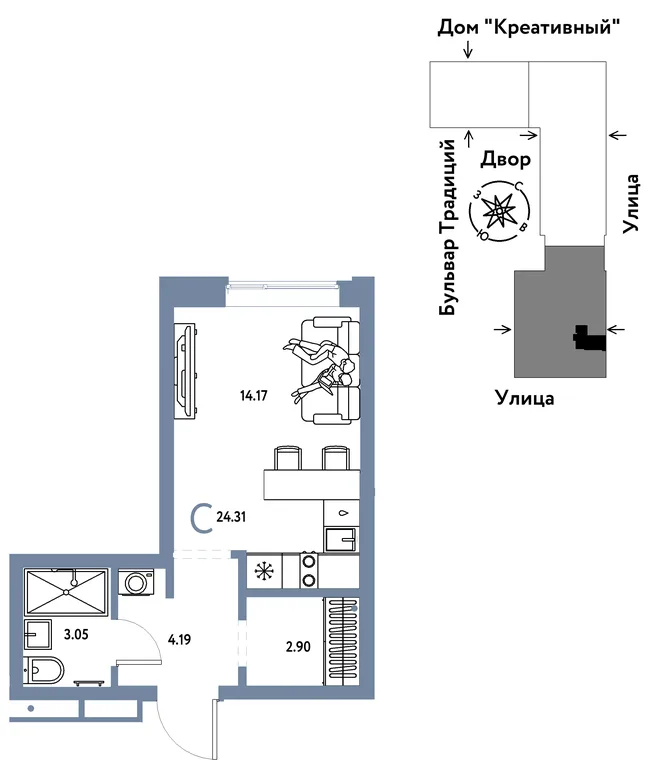 Планировка Студия, 24.31 м² ЖК «Микрорайон Домашний» Планировка Студия, 24.31 м² ЖК «Микрорайон Домашний»
