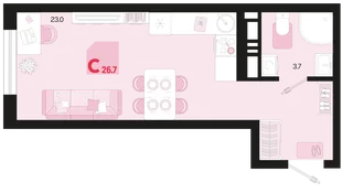 Планировка Студия, 26.7 м² ЖК «Первое место»