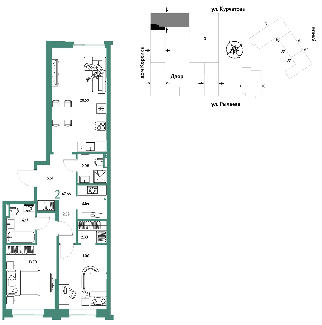 Планировка 2-комн. квартира, 67.85 м² ЖК «Остров-сад»
