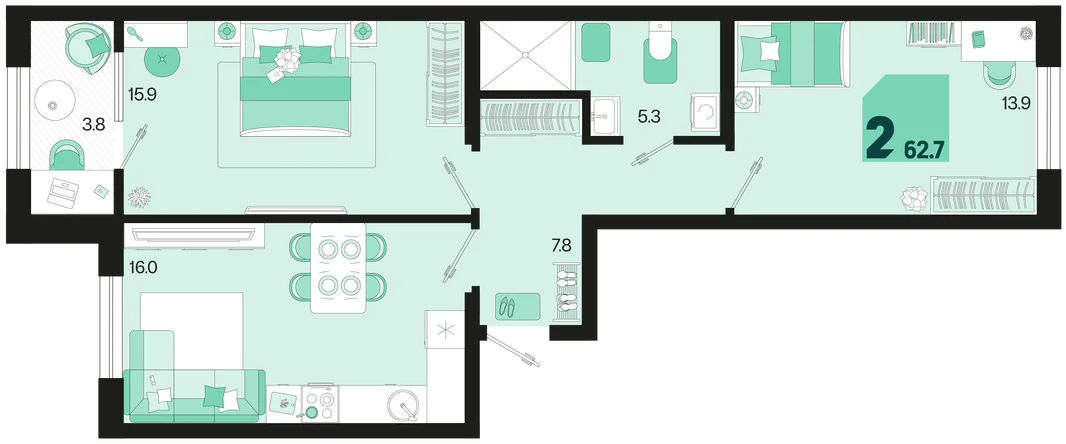 Планировка 2-комн. квартира, 62.7 м² ЖК «Первое место»