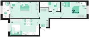 Планировка 2-комн. квартира, 62.7 м² ЖК «Первое место»