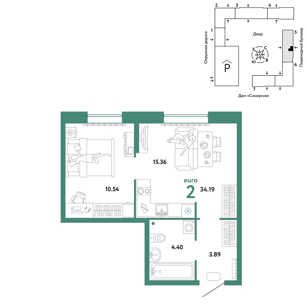 Планировка 2-комн. квартира, 34.19 м² ЖК «Юнион»