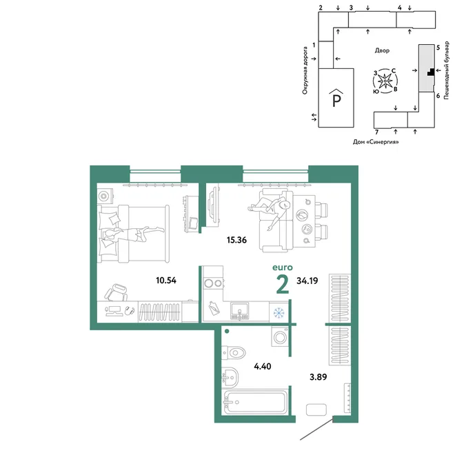 Планировка 2-комн. квартира, 34.19 м² ЖК «Юнион» Планировка 2-комн. квартира, 34.19 м² ЖК «Юнион»