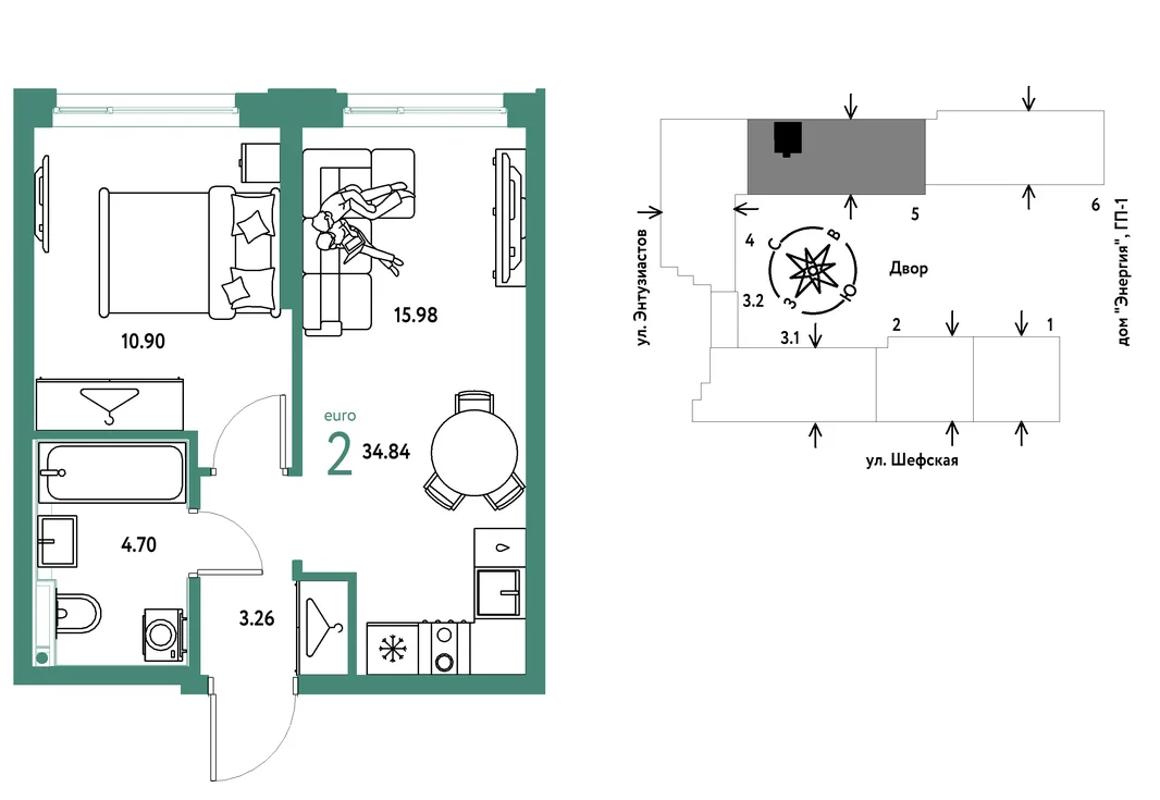 Планировка 2-комн. квартира, 34.84 м² ЖК «Страна.Энтузиастов»