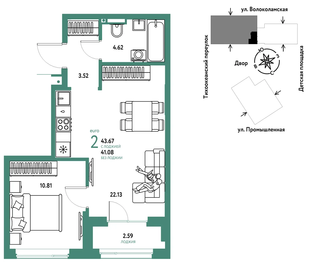 Планировка 2-комн. квартира, 43.67 м² ЖК «Страна Прибрежная»