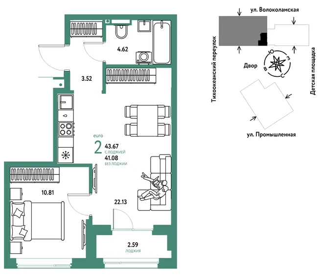 Планировка 2-комн. квартира, 43.67 м² ЖК «Страна Прибрежная» Планировка 2-комн. квартира, 43.67 м² ЖК «Страна Прибрежная»