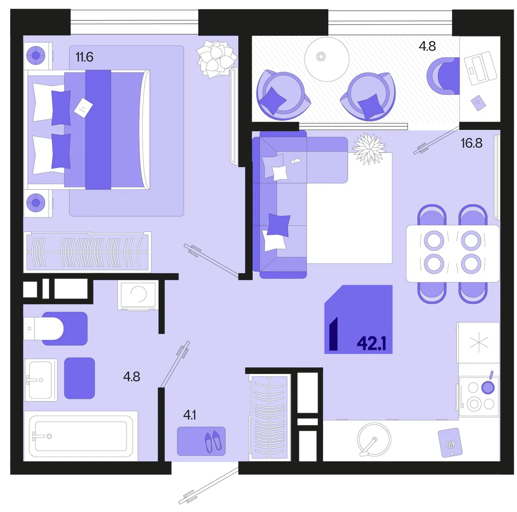 Планировка 1-комн. квартира, 42.1 м² ЖК «Первое место»