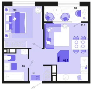Планировка 1-комн. квартира, 42.1 м² ЖК «Первое место»