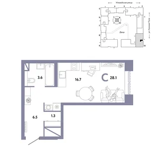 Планировка Студия, 28.1 м² ЖК «Страна.Заречная»