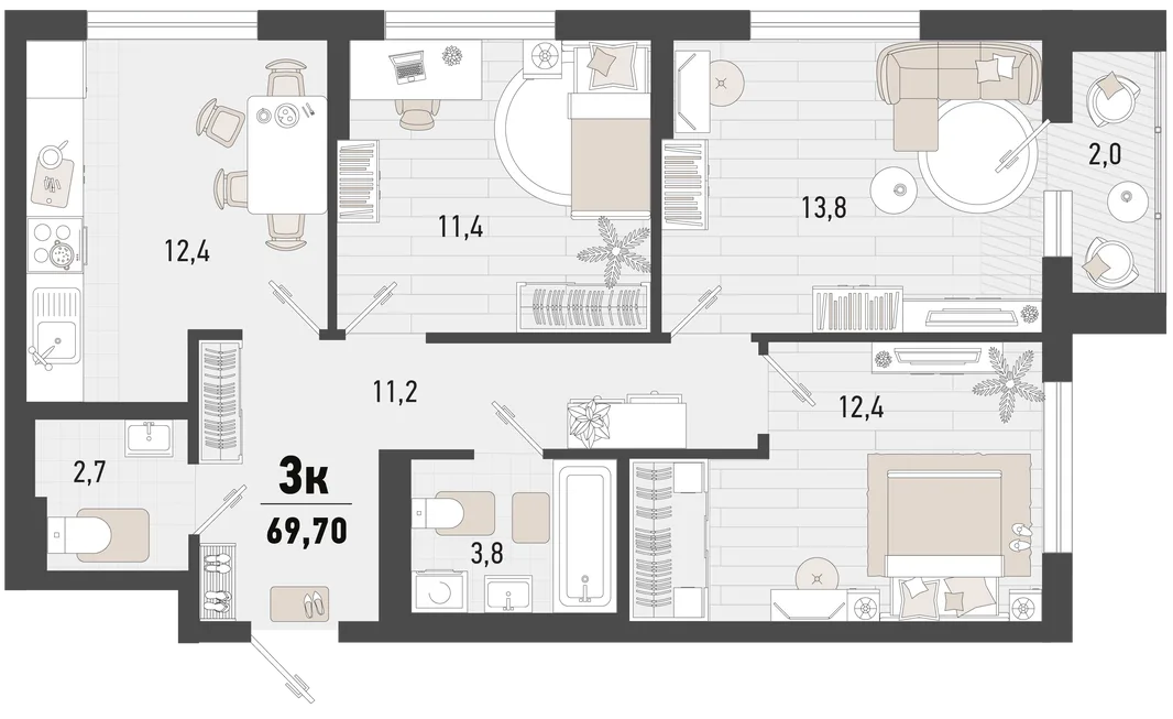 Планировка 3-комн. квартира, 69.7 м² ЖК «Барса»