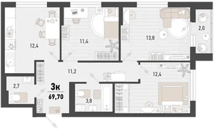 Планировка 3-комн. квартира, 69.7 м² ЖК «Барса»