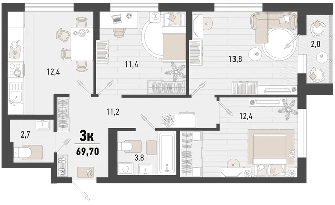 Планировка 3-комн. квартира, 69.7 м² ЖК «Барса» Планировка 3-комн. квартира, 69.7 м² ЖК «Барса»