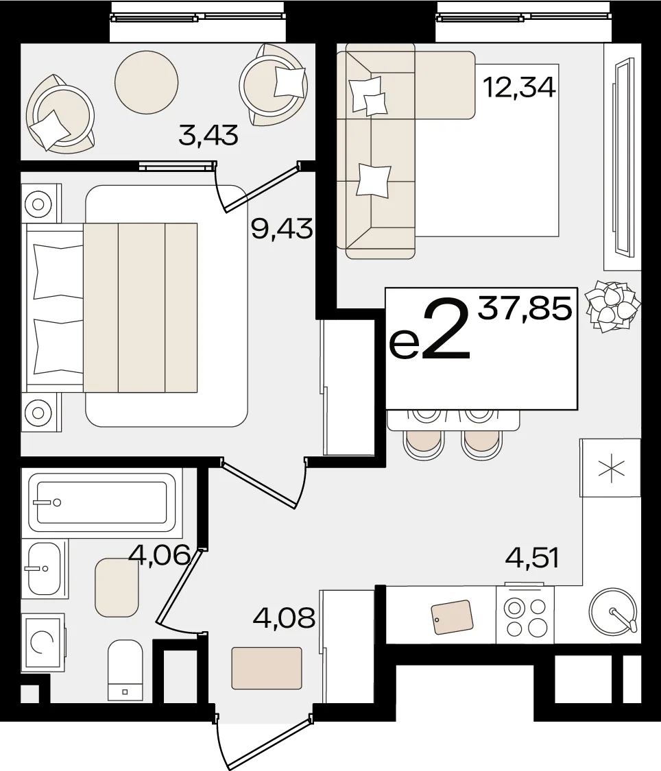 Планировка 2-комн. квартира, 37.85 м² ЖК «Патрики»