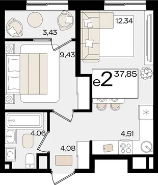 Планировка 2-комн. квартира, 37.85 м² ЖК «Патрики»