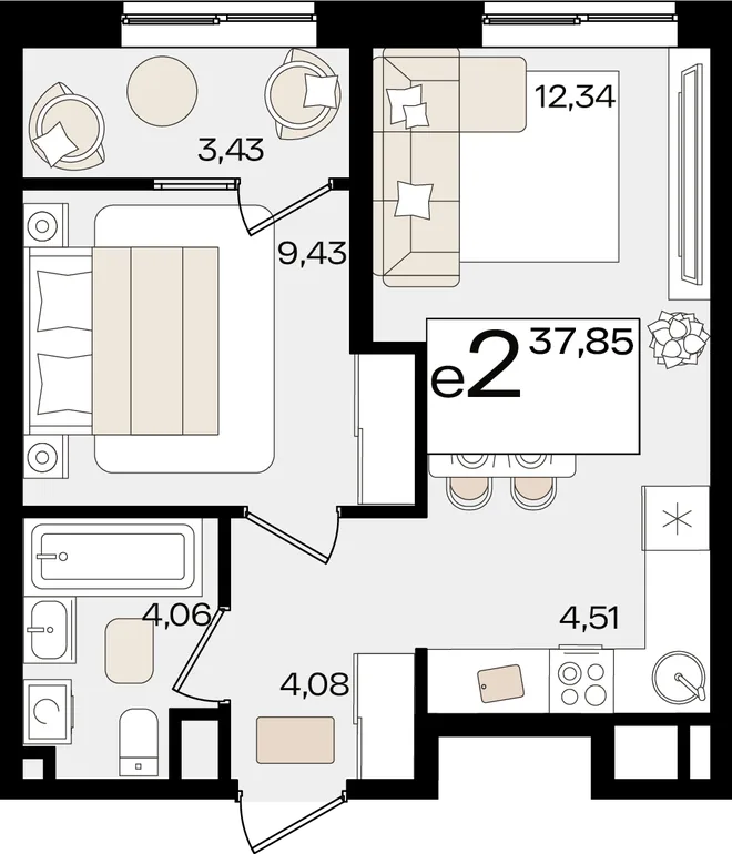Планировка 2-комн. квартира, 37.85 м² ЖК «Патрики» Планировка 2-комн. квартира, 37.85 м² ЖК «Патрики»
