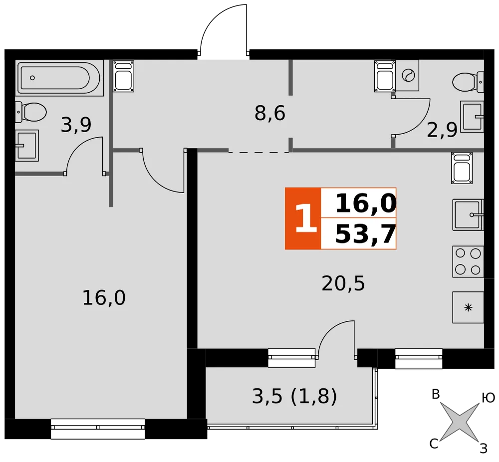Планировка 1-комн. квартира, 53.7 м² ЖК «Олимп»