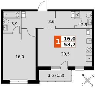 Планировка 1-комн. квартира, 53.7 м² ЖК «Олимп»