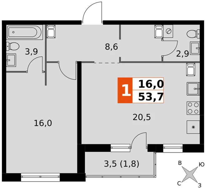 Планировка 1-комн. квартира, 53.7 м² ЖК «Олимп» Планировка 1-комн. квартира, 53.7 м² ЖК «Олимп»
