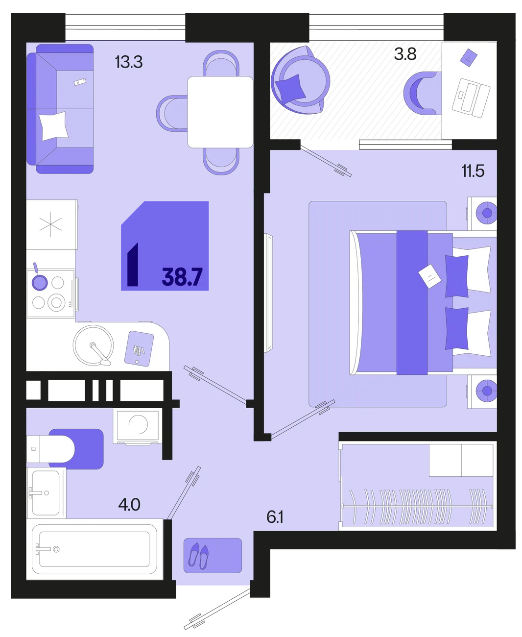 Планировка 1-комн. квартира, 38.7 м² ЖК «Первое место»