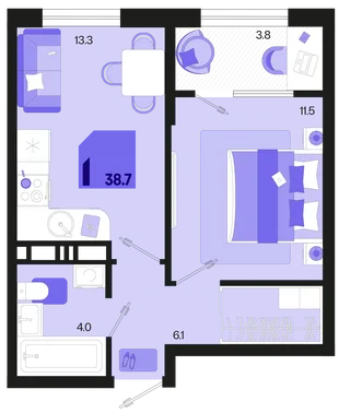 Планировка 1-комн. квартира, 38.7 м² ЖК «Первое место»