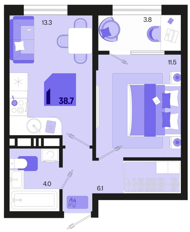 Планировка 1-комн. квартира, 38.7 м² ЖК «Первое место» Планировка 1-комн. квартира, 38.7 м² ЖК «Первое место»