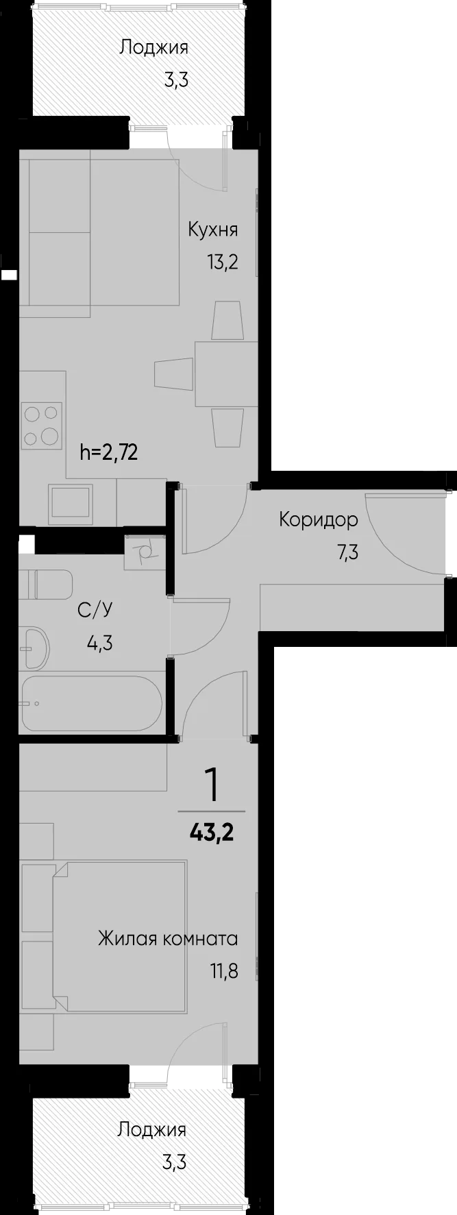 Планировка 1-комн. квартира, 43.2 м² ЖК «Васильевский остров»