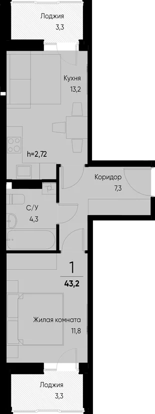 Планировка 1-комн. квартира, 43.2 м² ЖК «Васильевский остров»