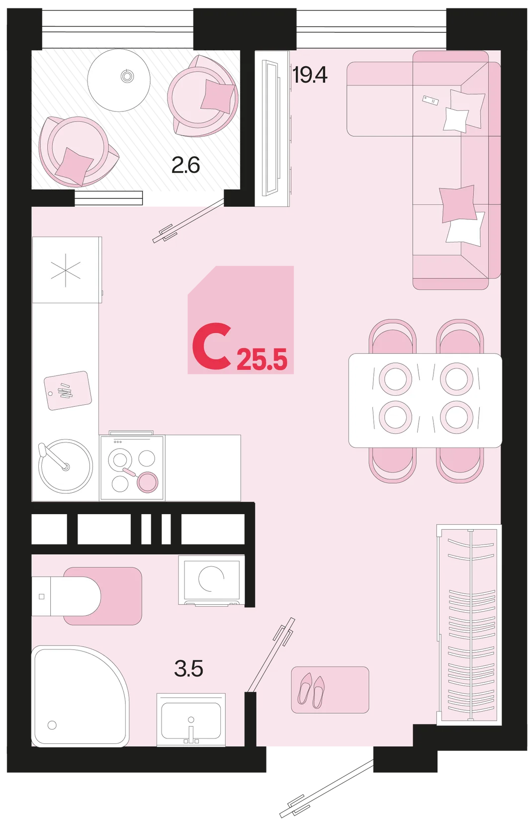 Планировка Студия, 25.5 м² ЖК «Первое место»