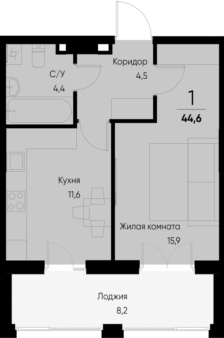 Планировка 1-комн. квартира, 44.6 м² ЖК «Васильевский остров»