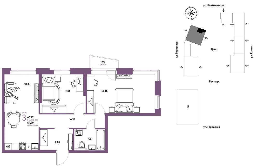 Планировка 3-комн. квартира, 66.77 м² ЖК «Уральский сад»