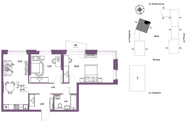 Планировка 3-комн. квартира, 66.77 м² ЖК «Уральский сад» Планировка 3-комн. квартира, 66.77 м² ЖК «Уральский сад»
