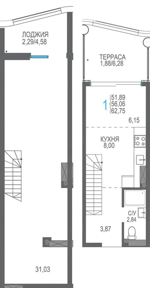 Планировка 1-комн. квартира, 62.75 м² ЖК «Розовое озеро»