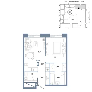 Планировка 2-комн. квартира, 43.1 м² ЖК «Страна.Заречная»