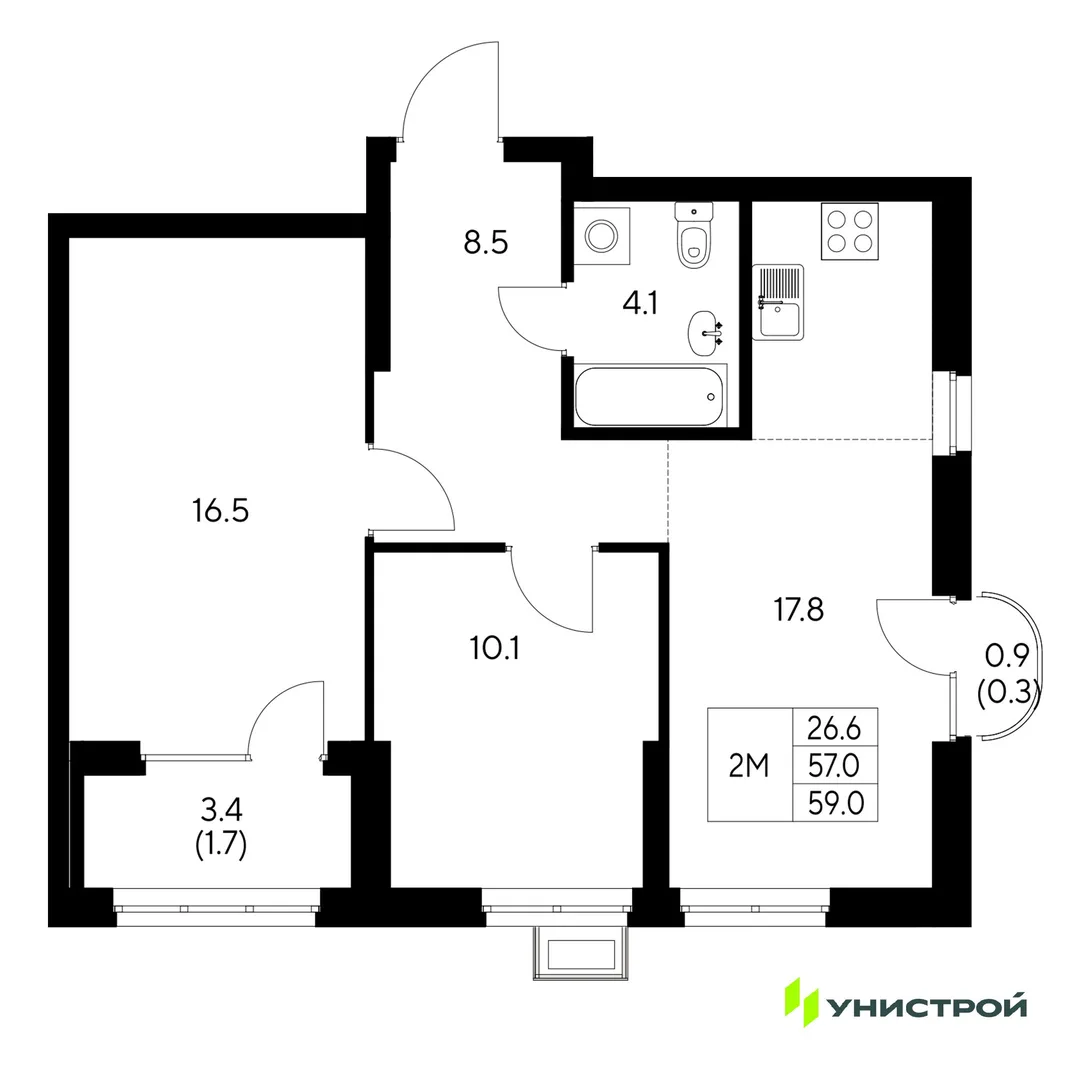 Планировка 2-комн. квартира, 59 м² ЖК «Стадиум»