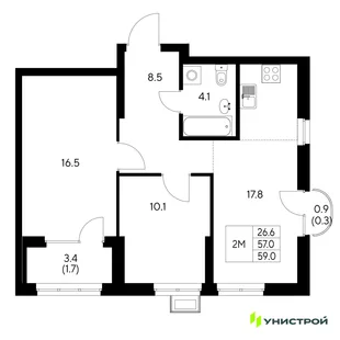 Планировка 2-комн. квартира, 59 м² ЖК «Стадиум»