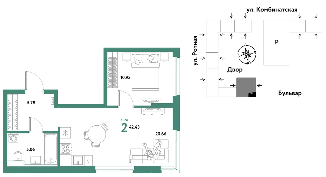 Планировка 2-комн. квартира, 42.22 м² ЖК «Уральский сад»