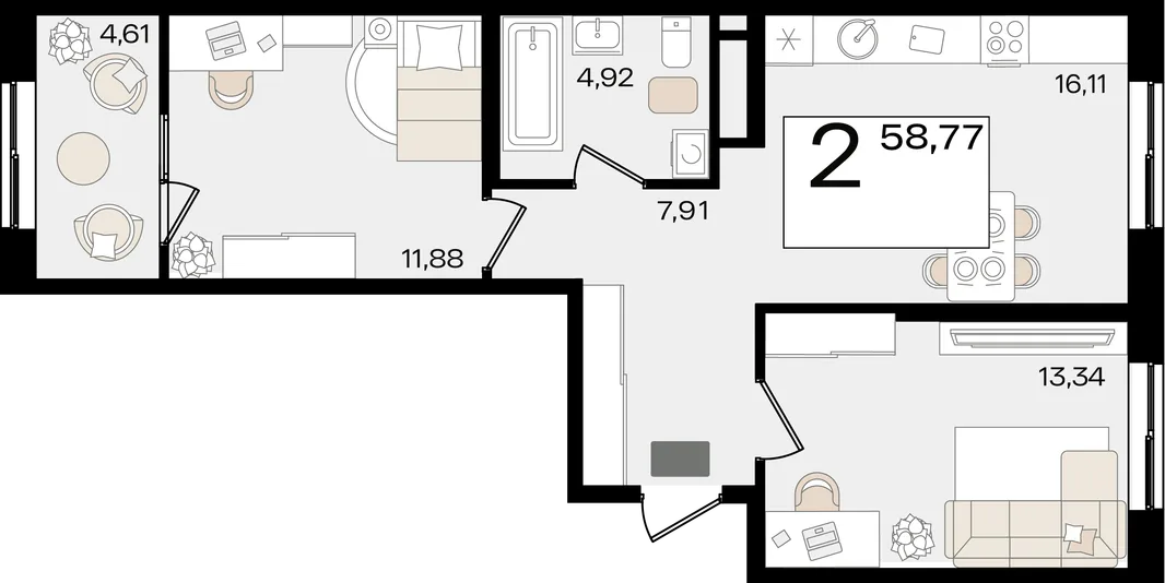 Планировка 2-комн. квартира, 58.77 м² ЖК «Патрики»