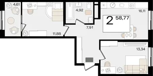Планировка 2-комн. квартира, 58.77 м² ЖК «Патрики»